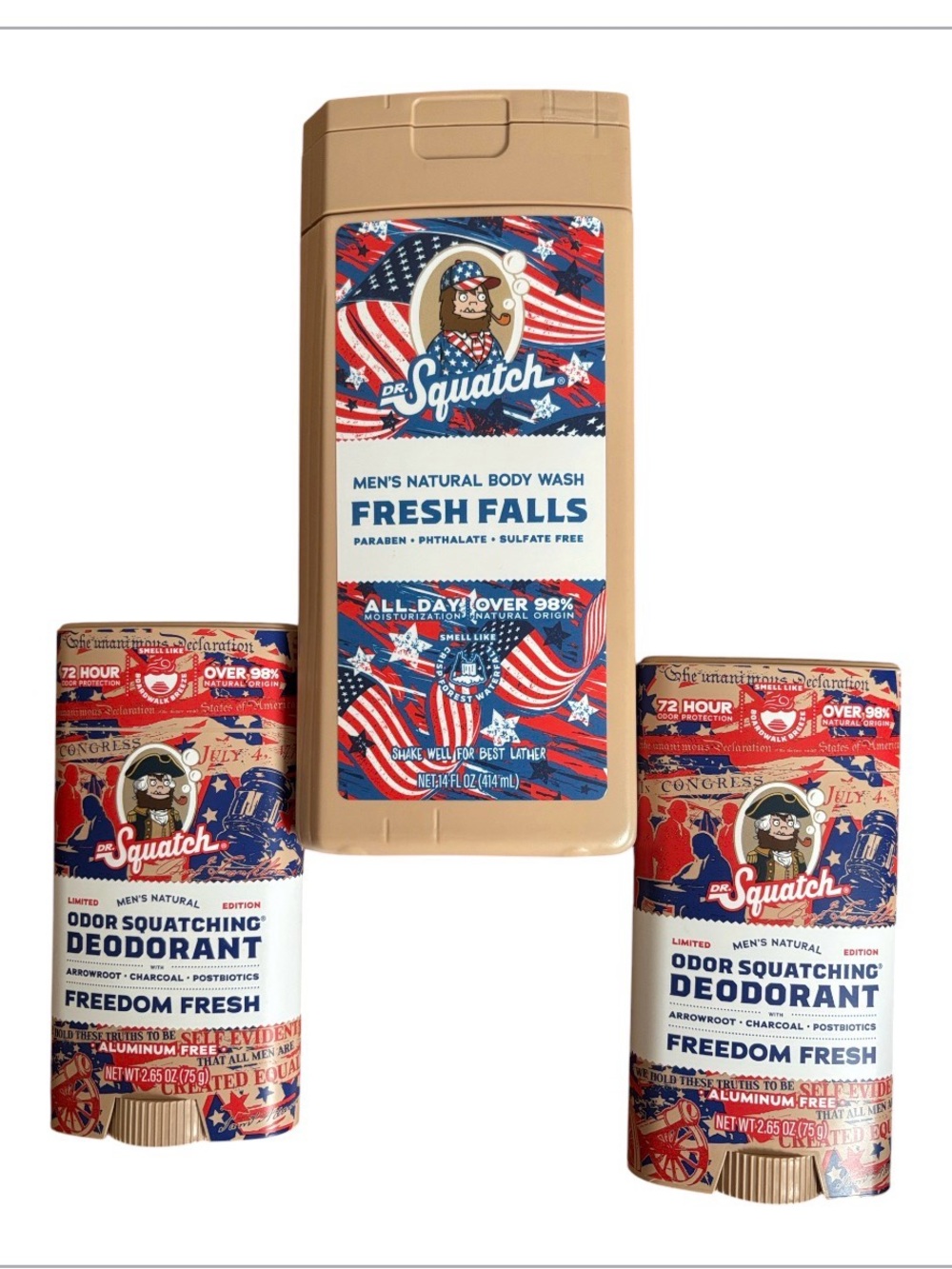 Dr. Squatch FREEDOM BUNDLE Holiday Special Fresh Falls Body Wash Two Deodorant